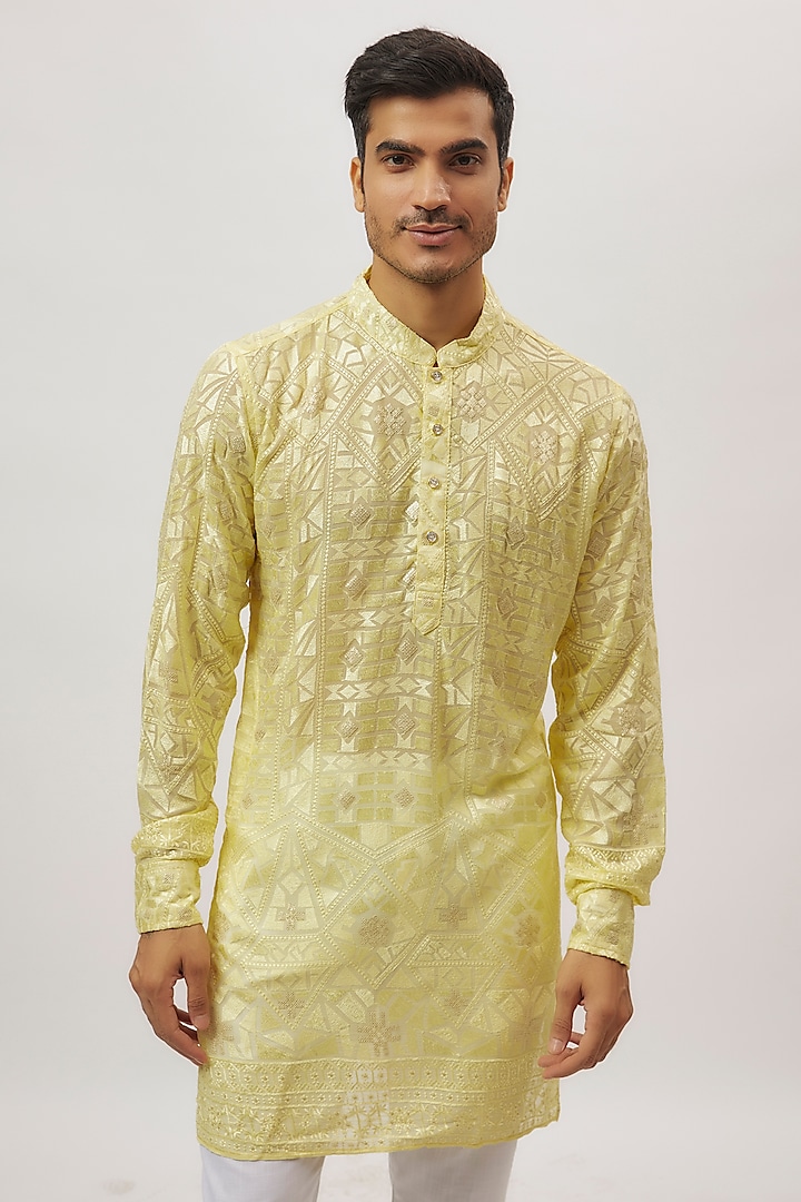 Yellow Viscose Lucknowi Embroidered Kurta Set by Spring Break Men at Pernia's Pop Up Shop