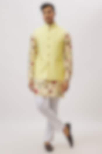 Lime Yellow Cotton Silk Bundi Jacket Set by Spring Break Men at Pernia's Pop Up Shop