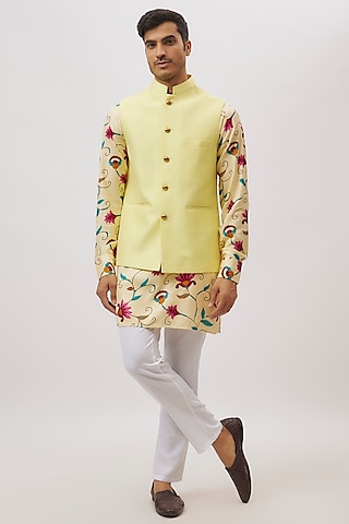 Lime Yellow Cotton Silk Bundi Jacket Set by Spring Break Men