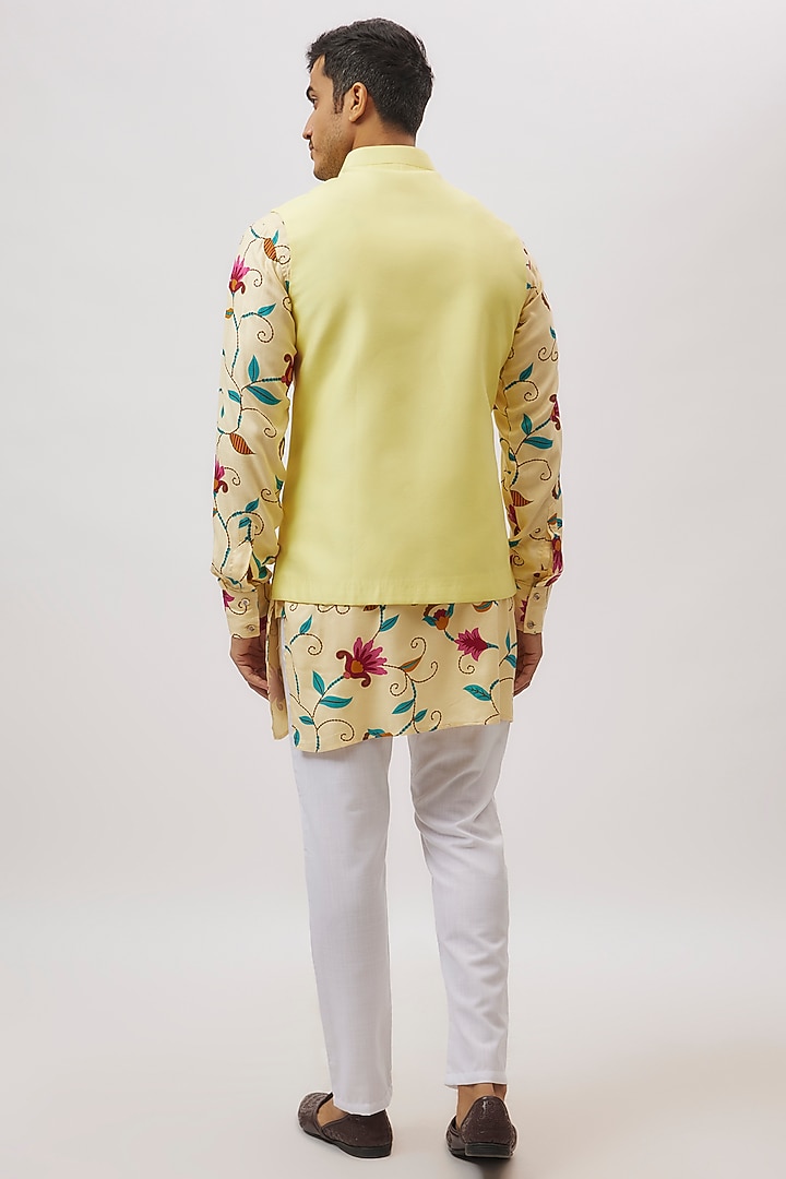 Lime Yellow Cotton Silk Bundi Jacket Set by Spring Break Men at Pernia's Pop Up Shop