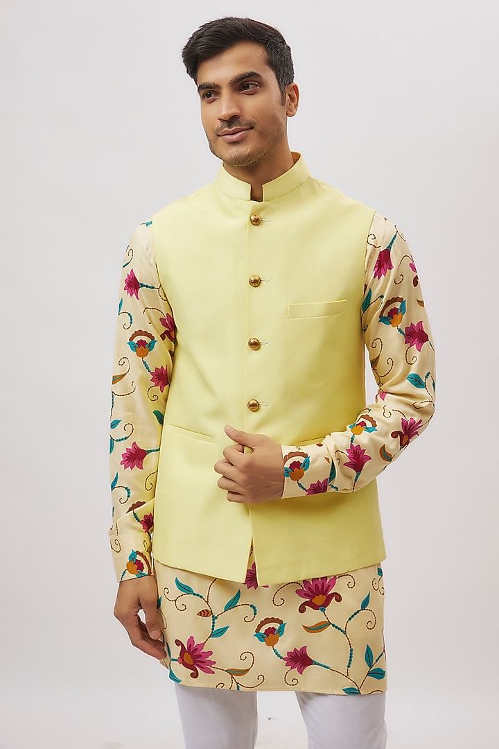 Lime Yellow Cotton Silk Bundi Jacket Set by Spring Break Men at Pernia's Pop Up Shop