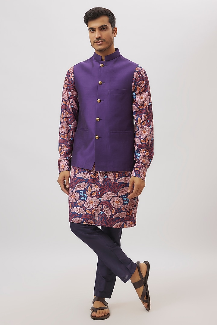 Blue Cotton Silk Printed Bundi Jacket Set by Spring Break Men at Pernia's Pop Up Shop