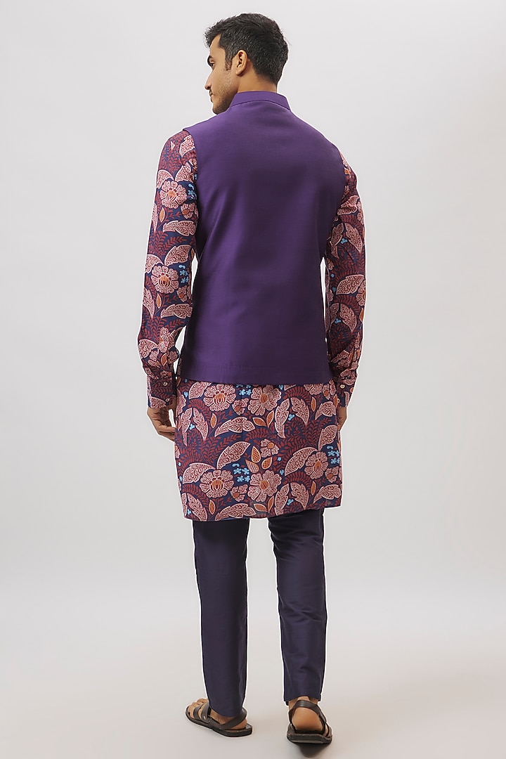 Blue Cotton Silk Printed Bundi Jacket Set by Spring Break Men at Pernia's Pop Up Shop