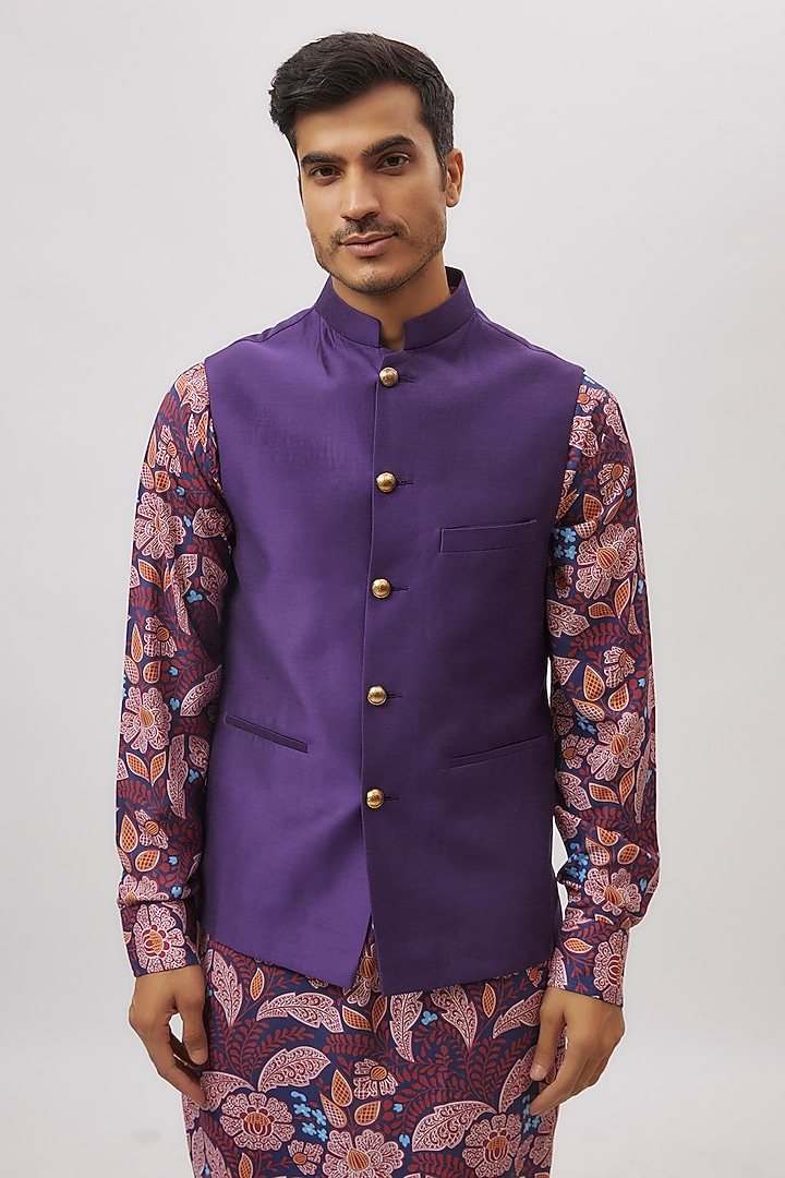 Blue Cotton Silk Printed Bundi Jacket Set by Spring Break Men at Pernia's Pop Up Shop