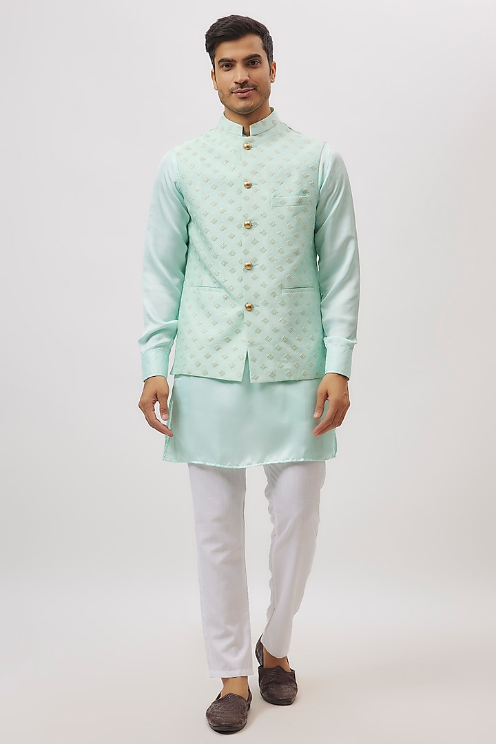 Mint Green Dupion Silk Embroidered Bundi Jacket Set by Spring Break Men