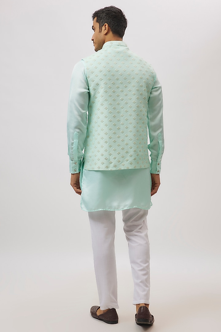 Mint Green Dupion Silk Embroidered Bundi Jacket Set by Spring Break Men at Pernia's Pop Up Shop