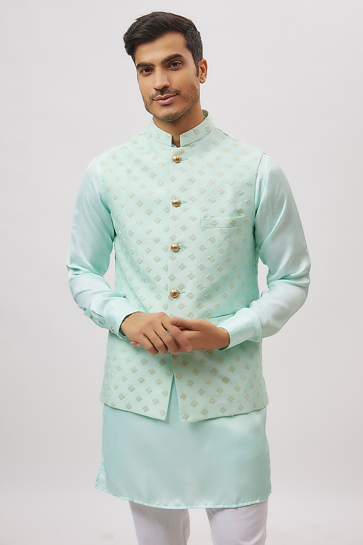 Mint Green Dupion Silk Embroidered Bundi Jacket Set by Spring Break Men at Pernia's Pop Up Shop