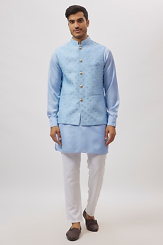 Sky Blue Dupion Silk Embroidered Bundi Jacket Set by Spring Break Men