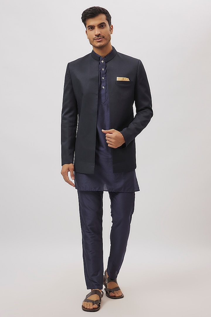 Navy Blue Jacquard Indowestern Set by Spring Break Men