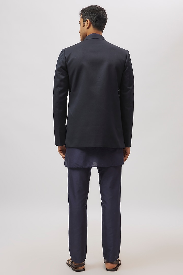 Navy Blue Jacquard Indowestern Set by Spring Break Men at Pernia's Pop Up Shop