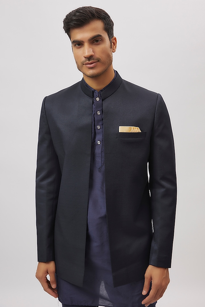 Navy Blue Jacquard Indowestern Set by Spring Break Men at Pernia's Pop Up Shop