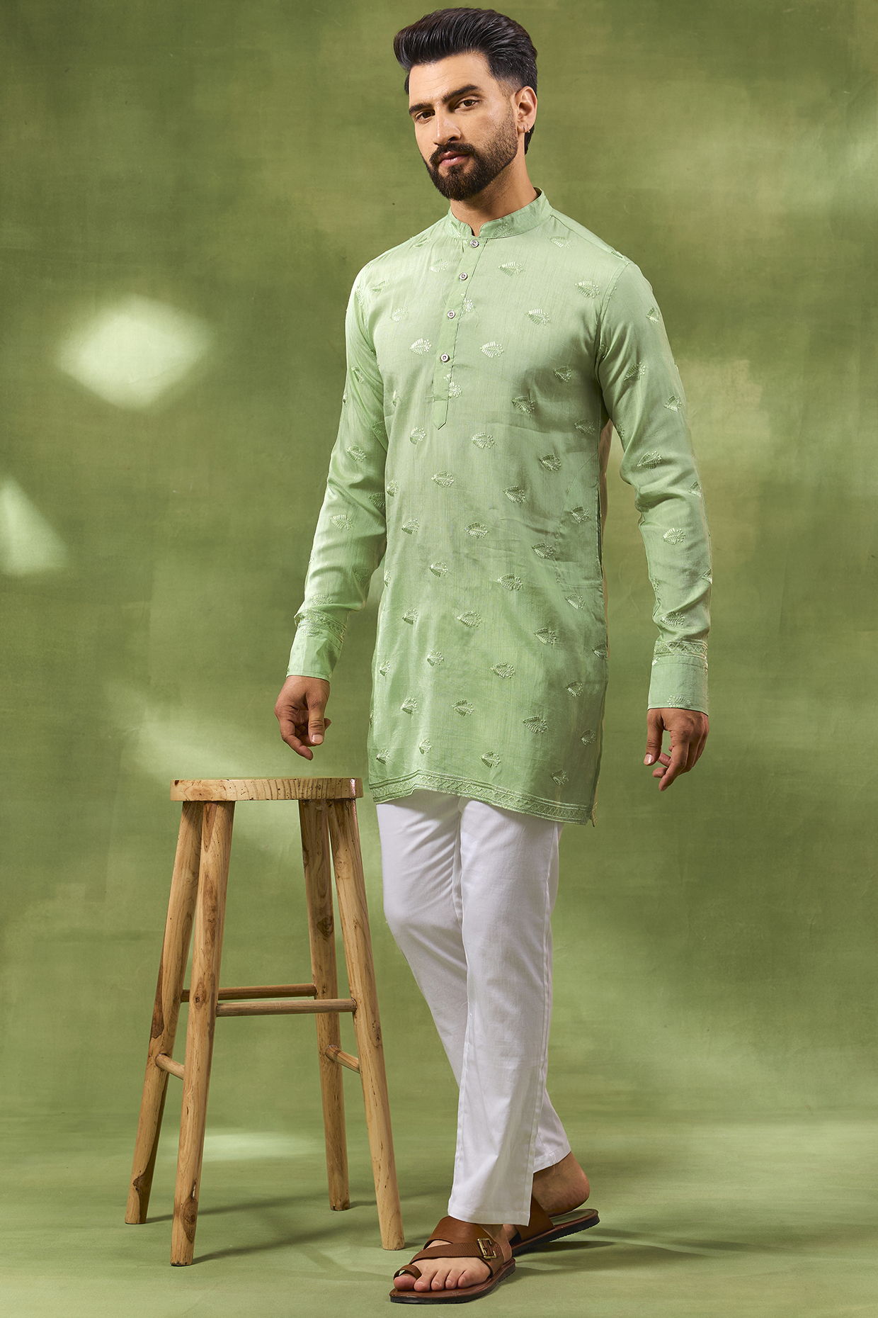 Mint Green Blended Silk Embroidered Kurta Set by Spring Break Men