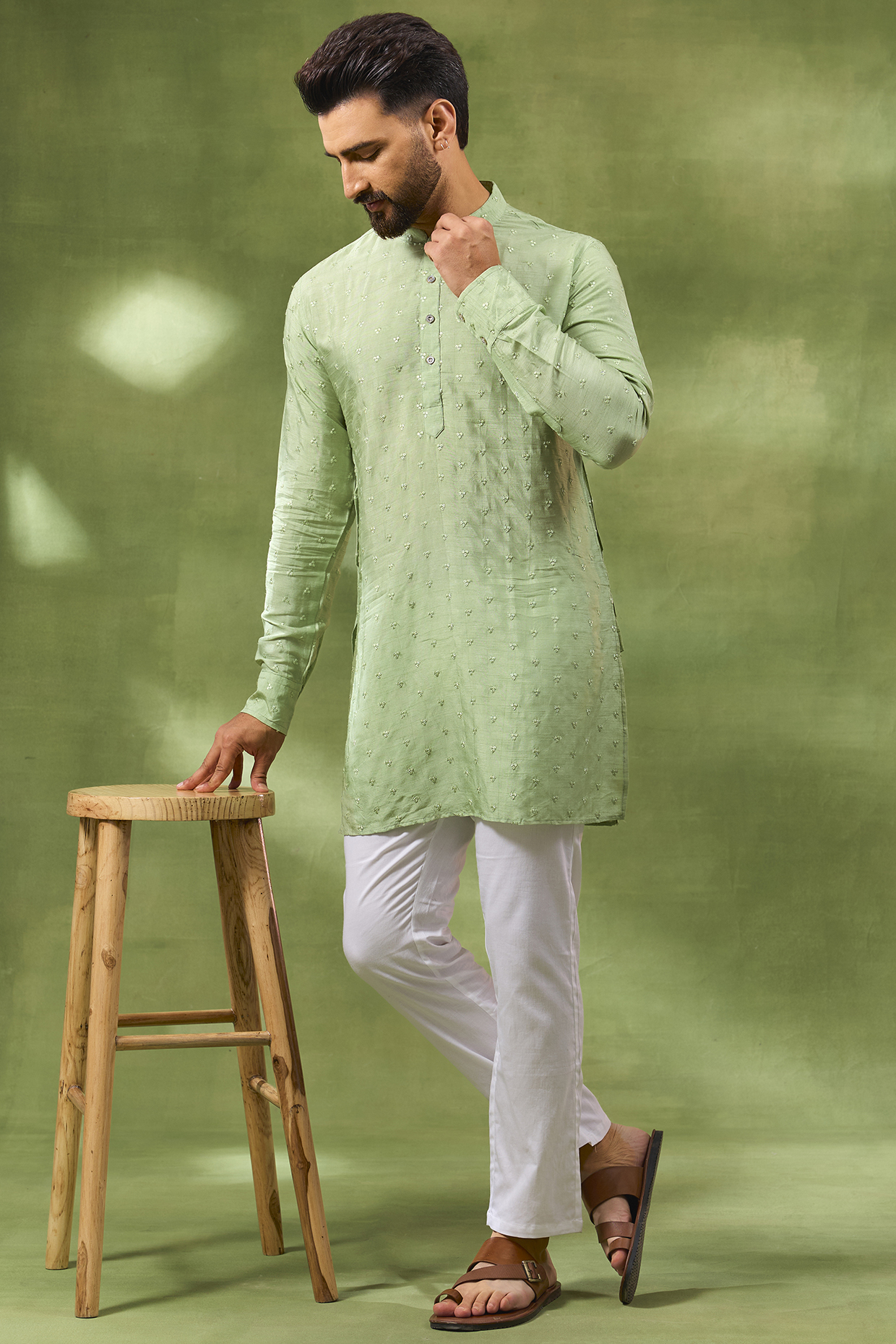 Mint Green Blended Silk Embroidered Kurta Set by Spring Break Men