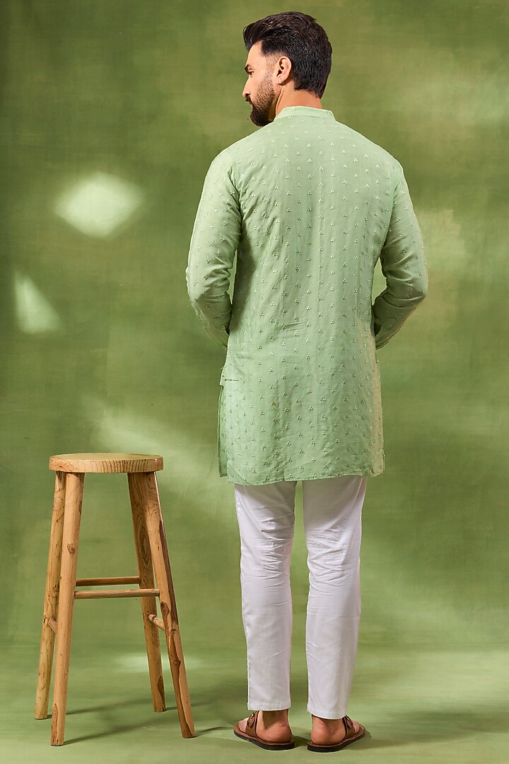 Mint Green Blended Silk Embroidered Kurta Set by Spring Break Men at Pernia's Pop Up Shop
