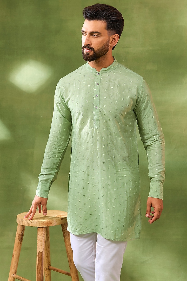 Mint Green Blended Silk Embroidered Kurta Set by Spring Break Men at Pernia's Pop Up Shop