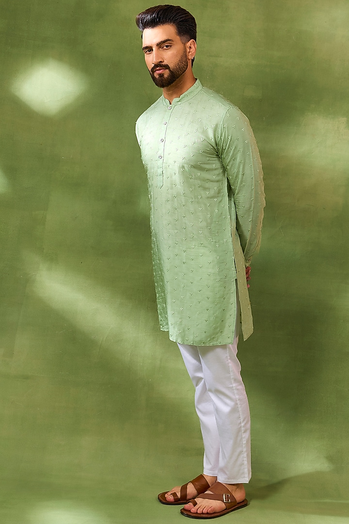 Mint Green Blended Silk Embroidered Kurta Set by Spring Break Men at Pernia's Pop Up Shop