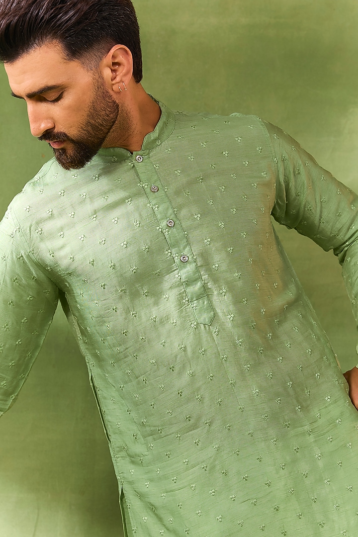 Mint Green Blended Silk Embroidered Kurta Set by Spring Break Men at Pernia's Pop Up Shop