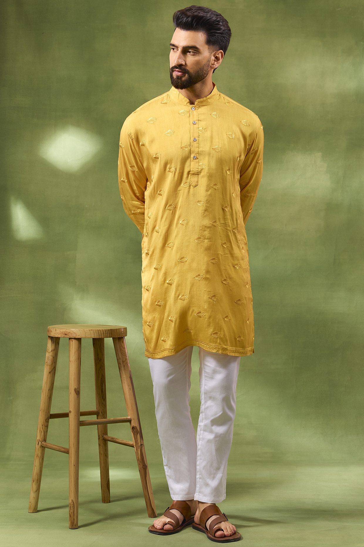 Mustard Yellow Blended Silk Embroidered Kurta Set by Spring Break Men