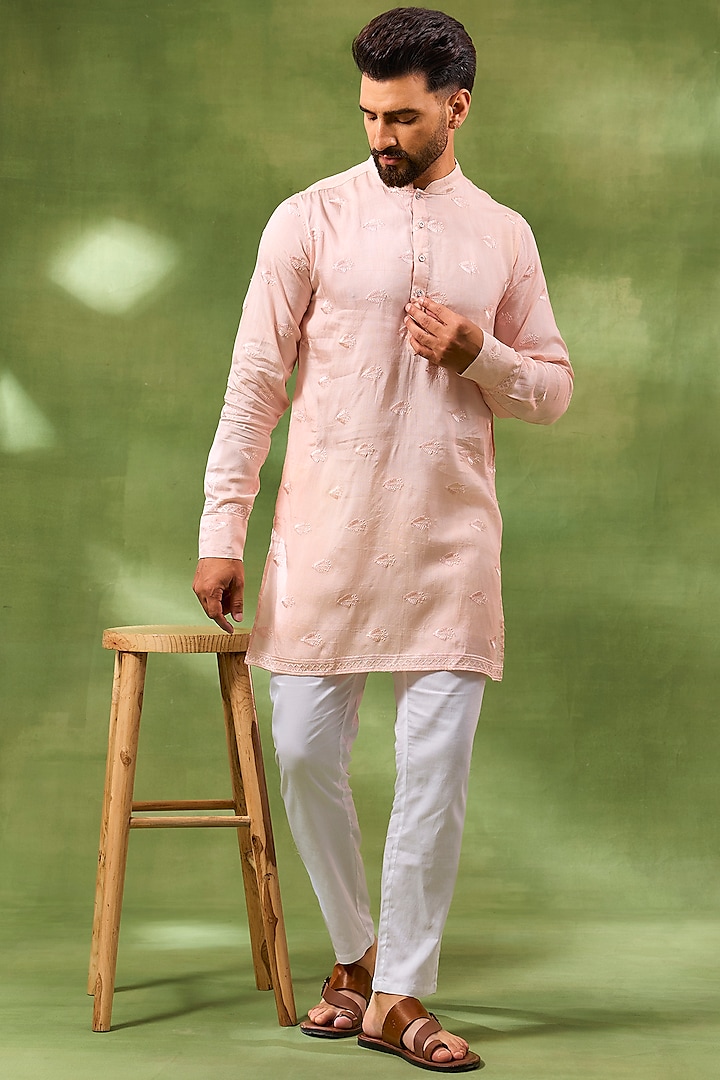 Pale Pink Blended Silk Embroidered Kurta Set by Spring Break Men at Pernia's Pop Up Shop