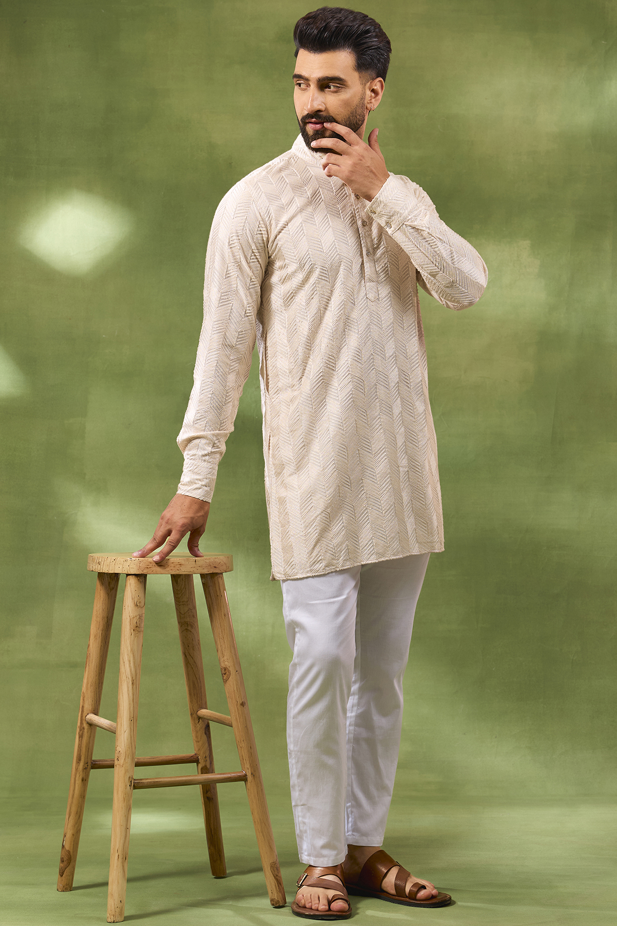 Beige Viscose Geometric Embroidered Kurta Set by Spring Break Men at Pernia's Pop Up Shop