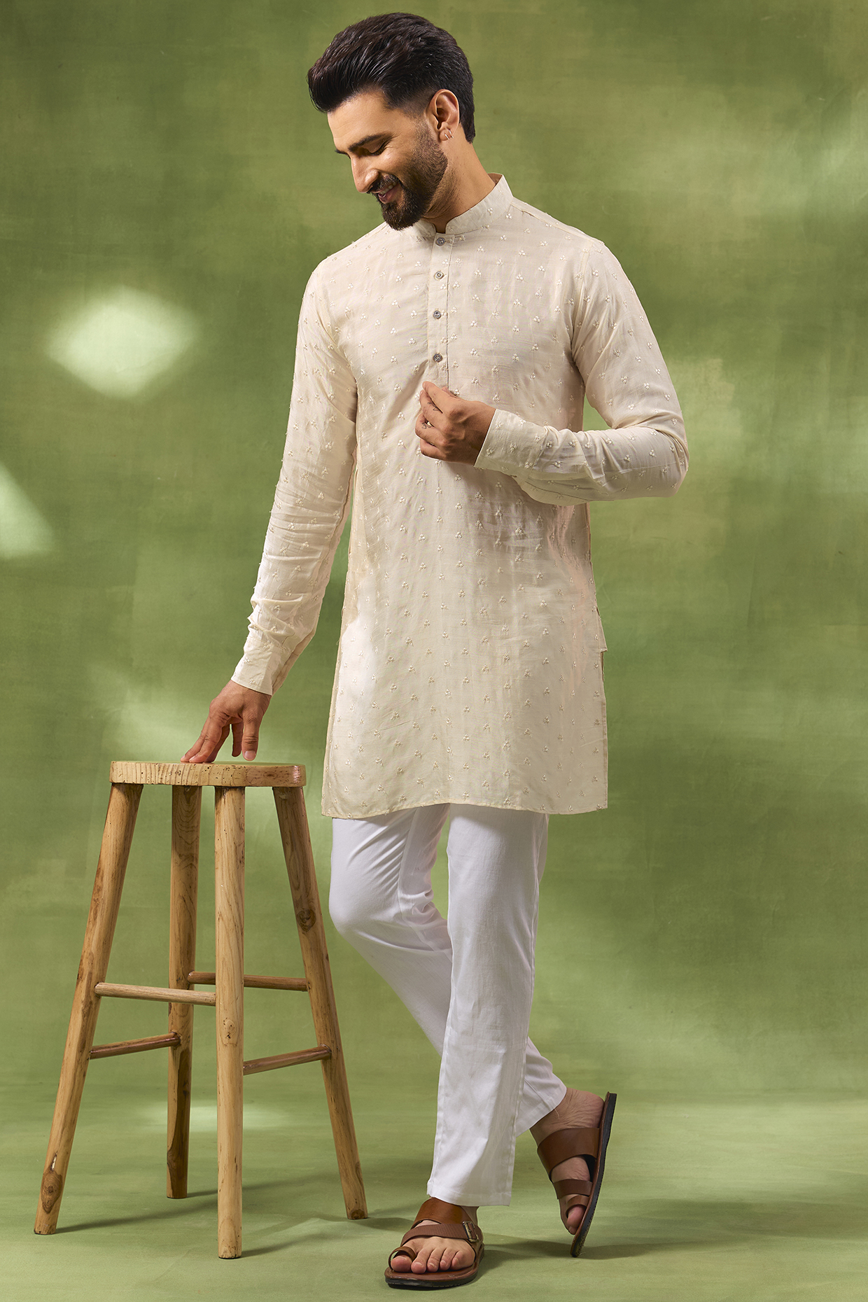 Ivory Blended Silk Embroidered Kurta Set by Spring Break Men