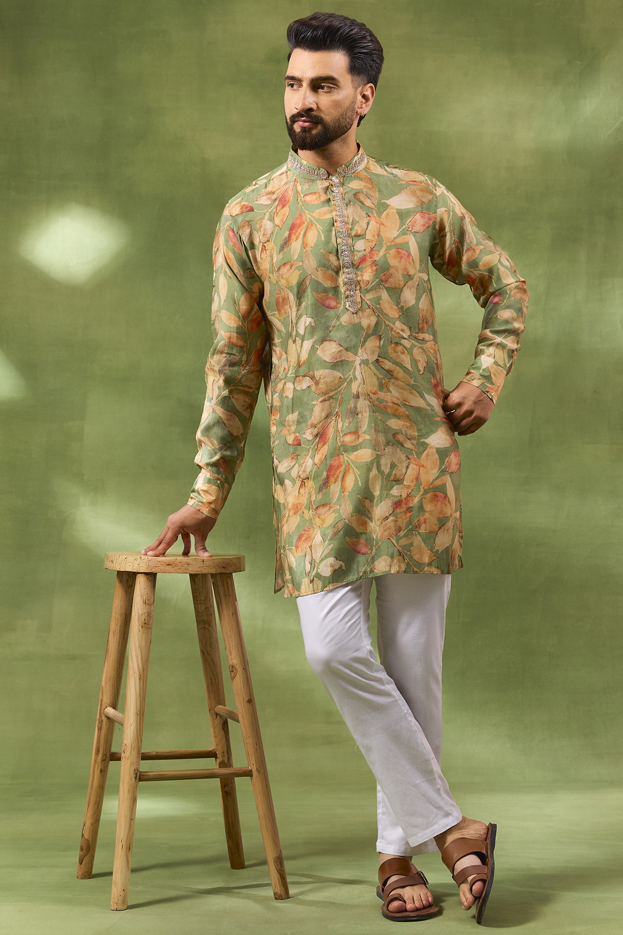 Green Blended Silk Printed & Embroidered Kurta Set by Spring Break Men