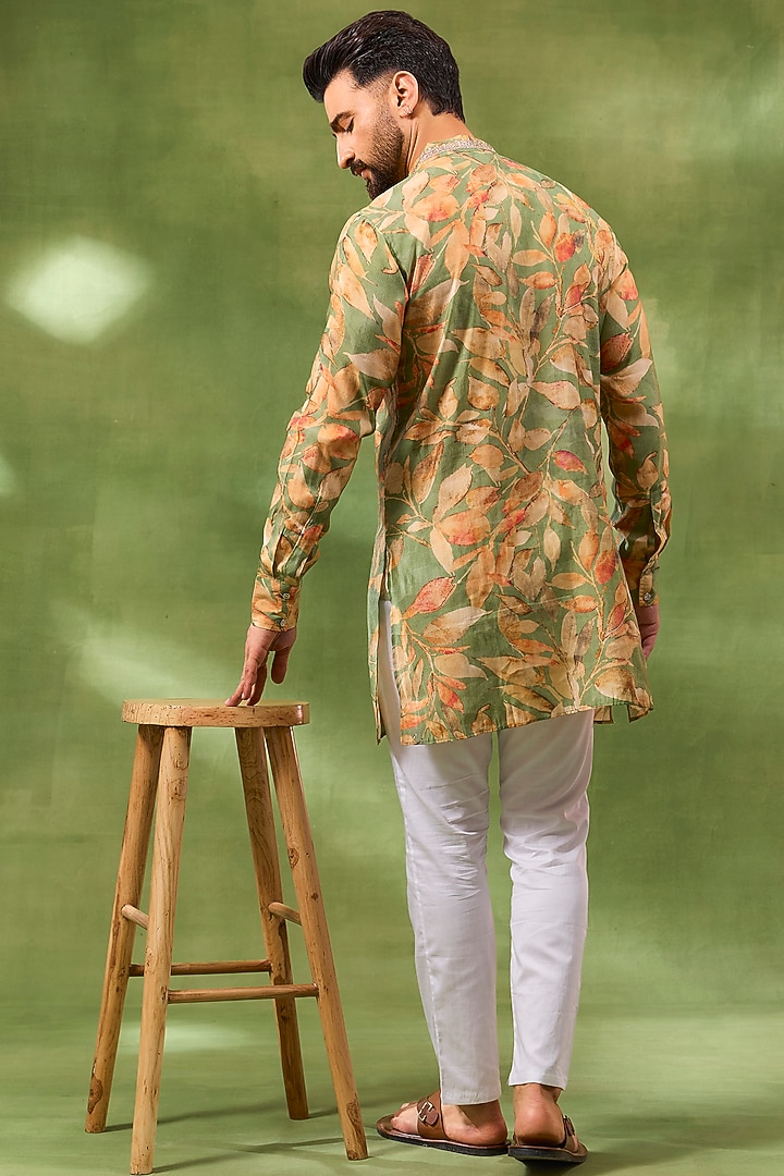 Green Blended Silk Printed & Embroidered Kurta Set by Spring Break Men at Pernia's Pop Up Shop