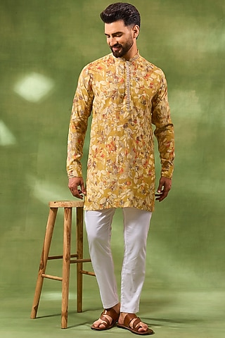 Yellow Blended Silk Printed & Embroidered Kurta Set by Spring Break Men