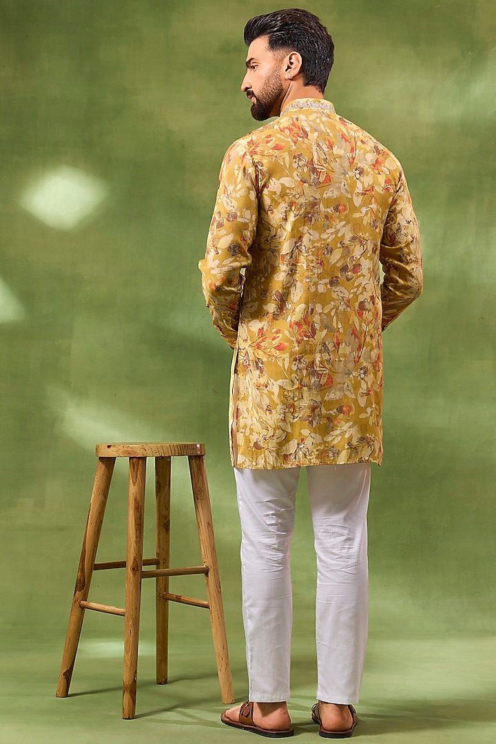 Yellow Blended Silk Printed & Embroidered Kurta Set by Spring Break Men at Pernia's Pop Up Shop