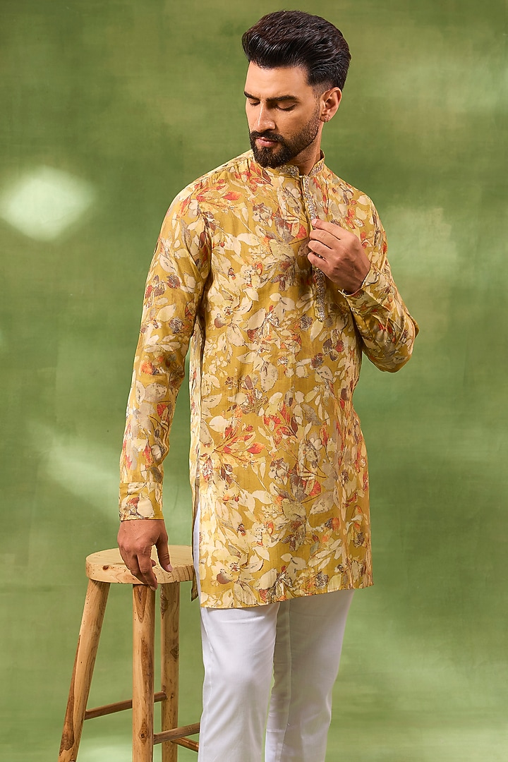 Yellow Blended Silk Printed & Embroidered Kurta Set by Spring Break Men at Pernia's Pop Up Shop