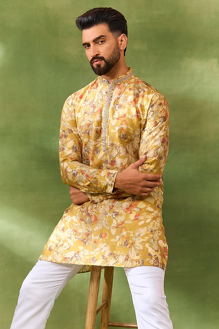 Yellow Blended Silk Printed & Embroidered Kurta Set by Spring Break Men at Pernia's Pop Up Shop