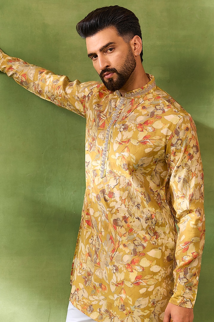 Yellow Blended Silk Printed & Embroidered Kurta Set by Spring Break Men at Pernia's Pop Up Shop