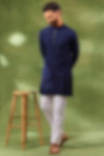 Navy Blue Blended Silk Embroidered Kurta Set by Spring Break Men at Pernia's Pop Up Shop