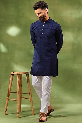 Navy Blue Blended Silk Embroidered Kurta Set by Spring Break Men