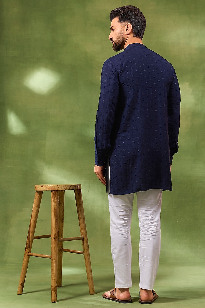 Navy Blue Blended Silk Embroidered Kurta Set by Spring Break Men at Pernia's Pop Up Shop