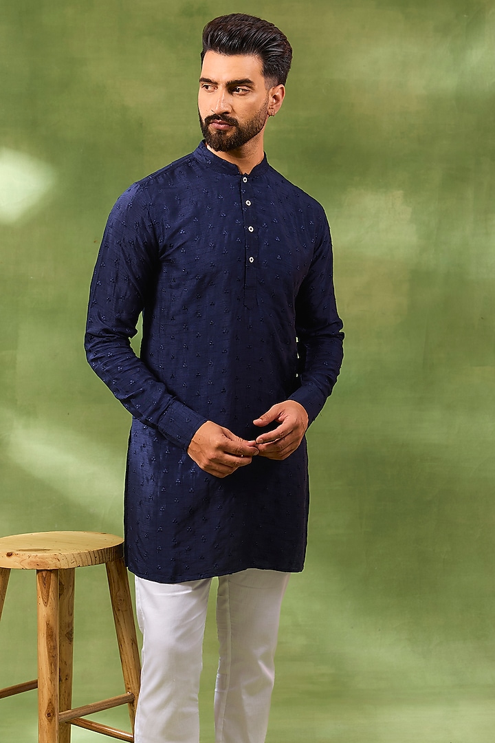 Navy Blue Blended Silk Embroidered Kurta Set by Spring Break Men at Pernia's Pop Up Shop