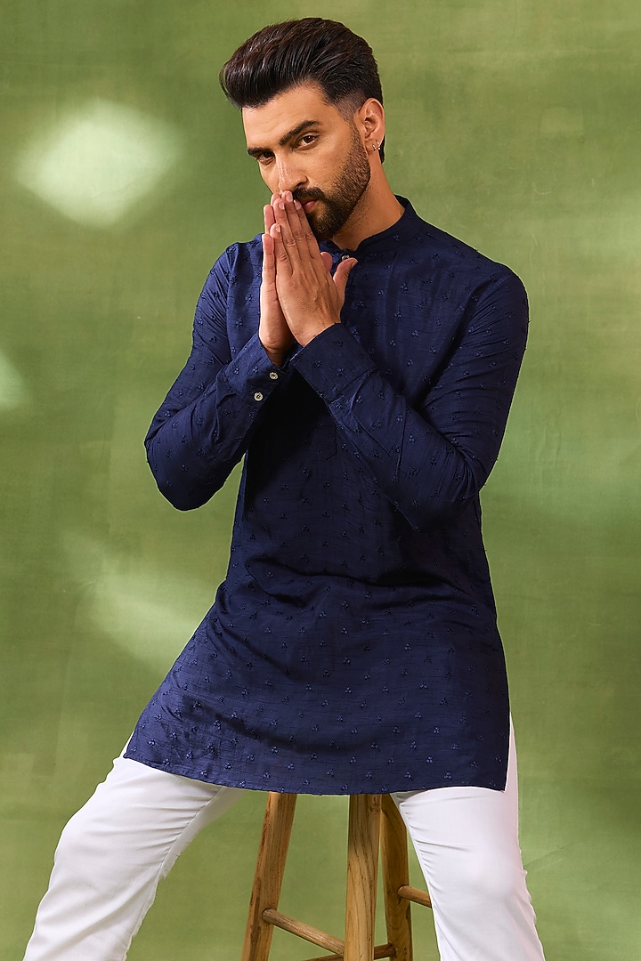 Navy Blue Blended Silk Embroidered Kurta Set by Spring Break Men at Pernia's Pop Up Shop