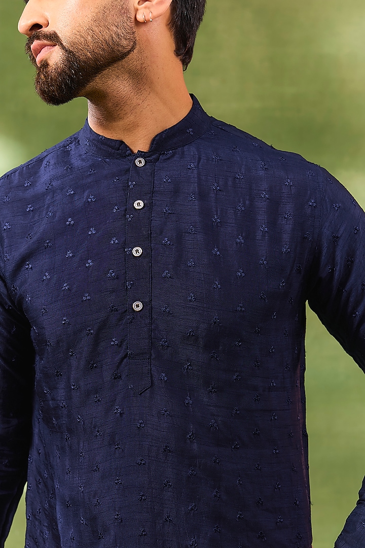 Navy Blue Blended Silk Embroidered Kurta Set by Spring Break Men at Pernia's Pop Up Shop