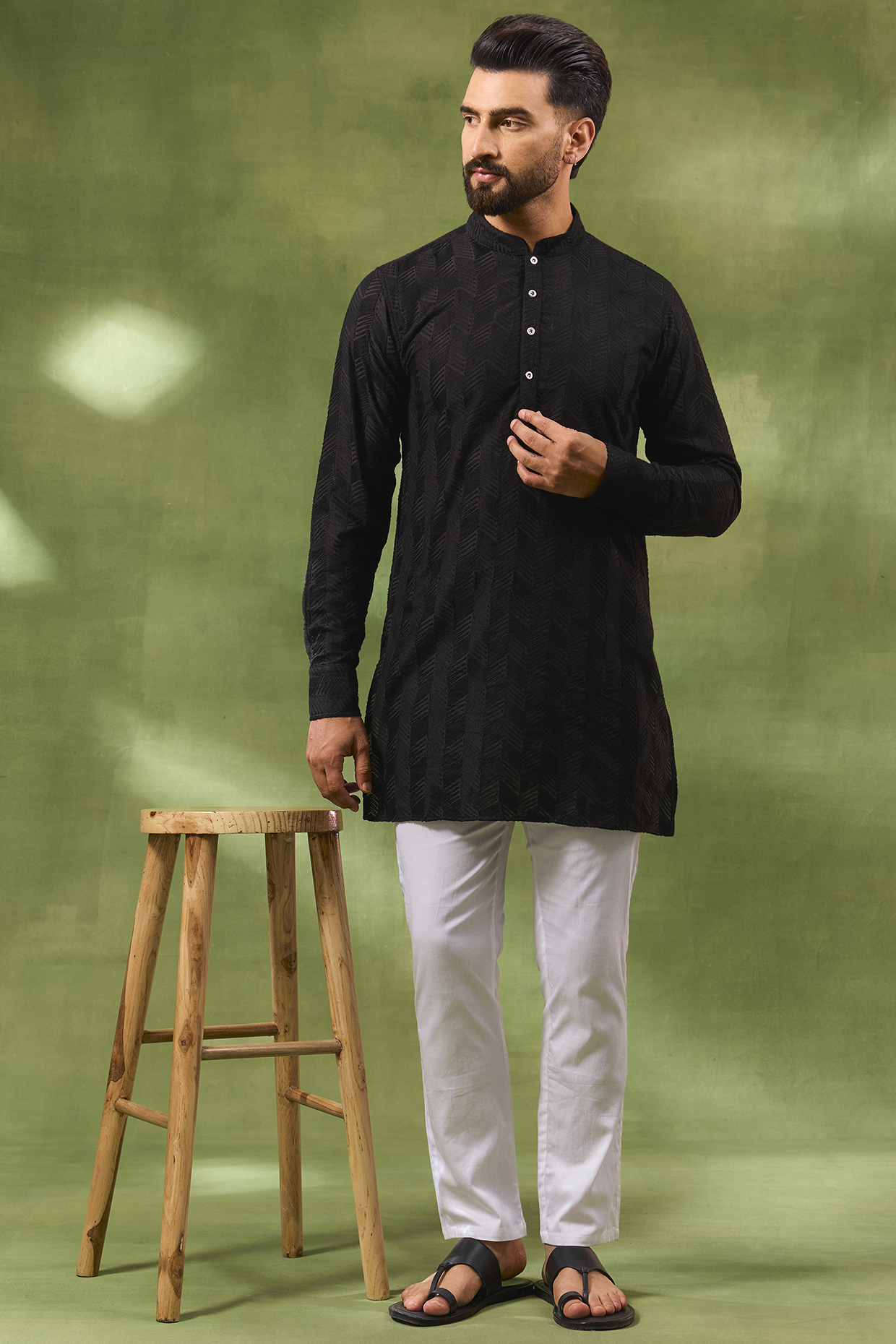 Black Viscose Geometric Embroidered Kurta Set by Spring Break Men
