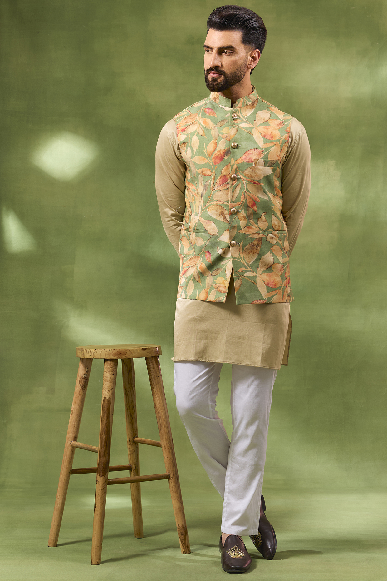 Green Blended Silk Botanical Printed Bundi jacket Set by Spring Break Men