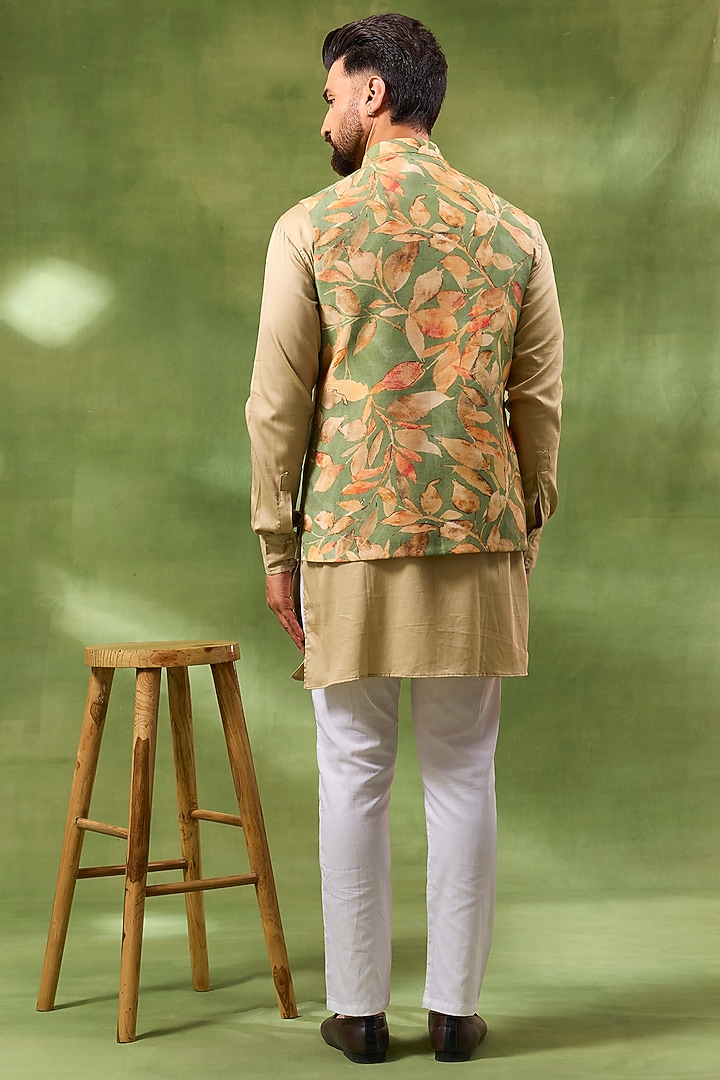Green Blended Silk Botanical Printed Bundi jacket Set by Spring Break Men at Pernia's Pop Up Shop