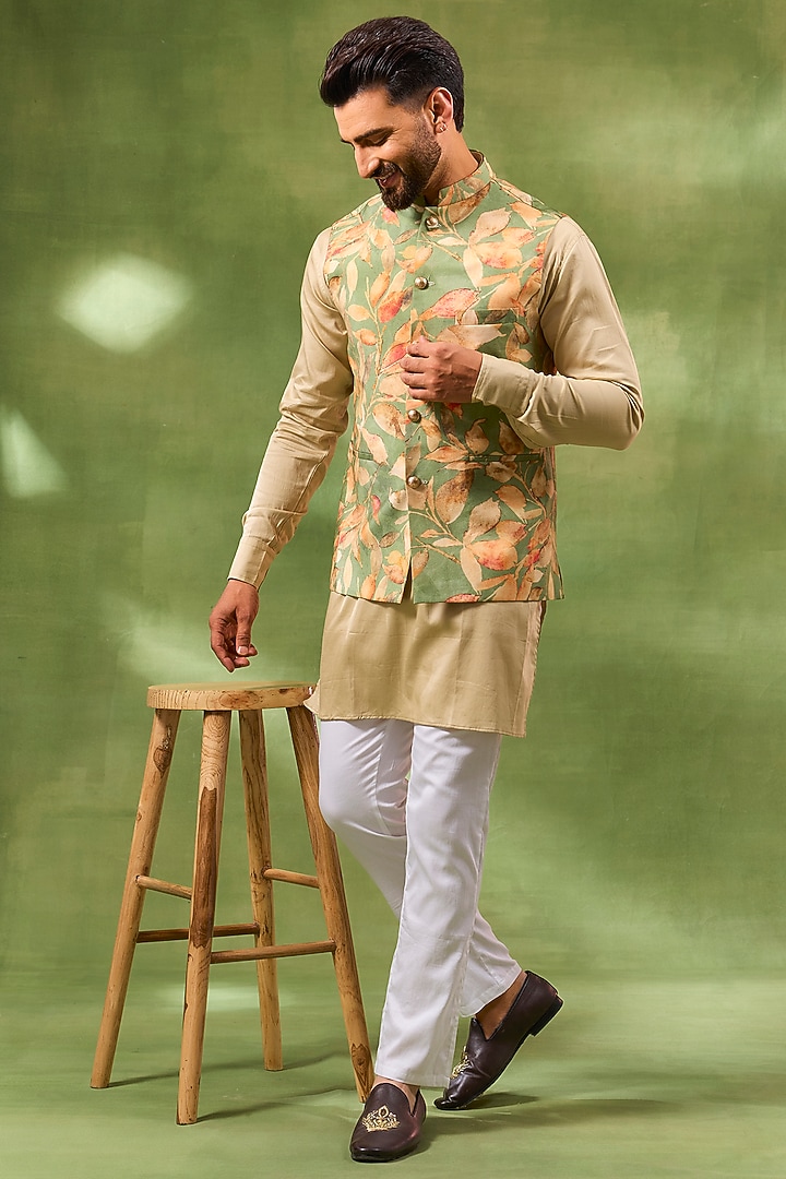 Green Blended Silk Botanical Printed Bundi jacket Set by Spring Break Men at Pernia's Pop Up Shop