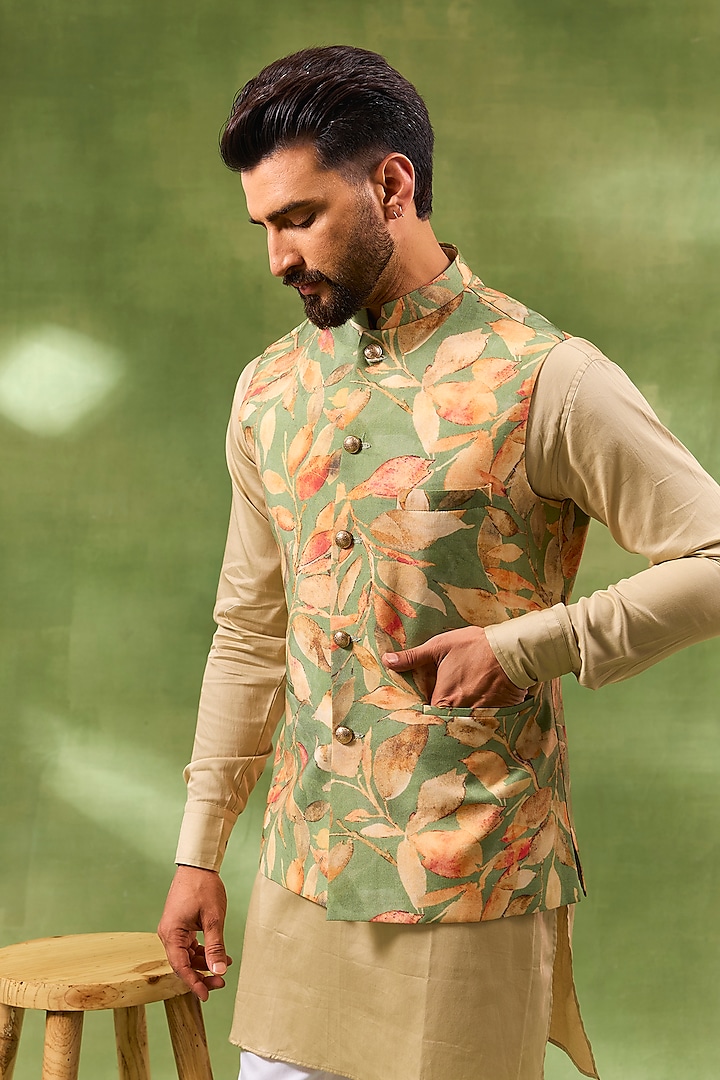 Green Blended Silk Botanical Printed Bundi jacket Set by Spring Break Men at Pernia's Pop Up Shop
