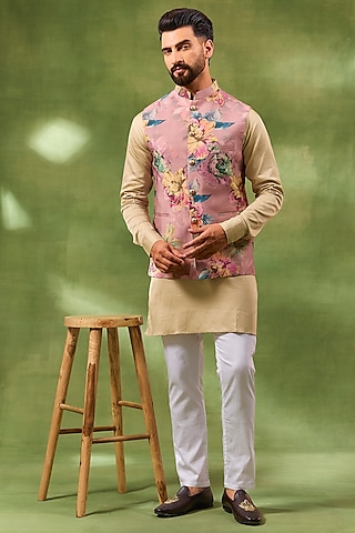 Pink Blended Silk Botanical Printed Bundi jacket Set by Spring Break Men