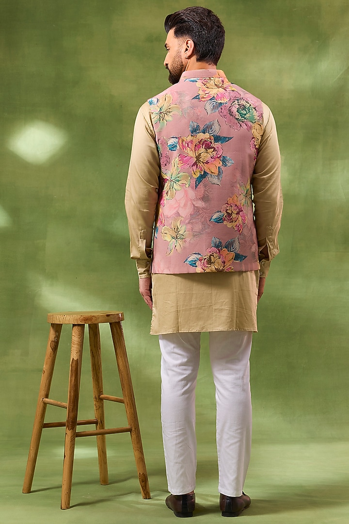 Pink Blended Silk Botanical Printed Bundi jacket Set by Spring Break Men at Pernia's Pop Up Shop