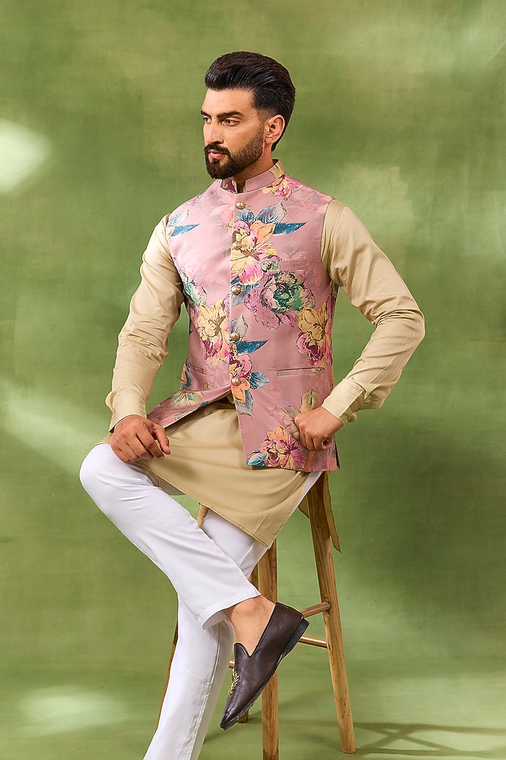 Pink Blended Silk Botanical Printed Bundi jacket Set by Spring Break Men at Pernia's Pop Up Shop