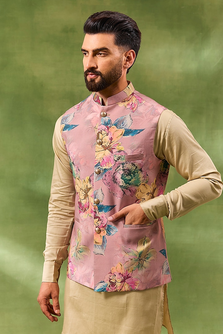 Pink Blended Silk Botanical Printed Bundi jacket Set by Spring Break Men at Pernia's Pop Up Shop