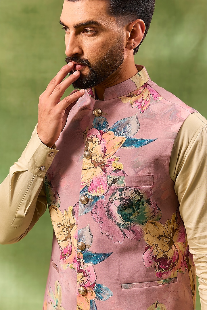 Pink Blended Silk Botanical Printed Bundi jacket Set by Spring Break Men at Pernia's Pop Up Shop
