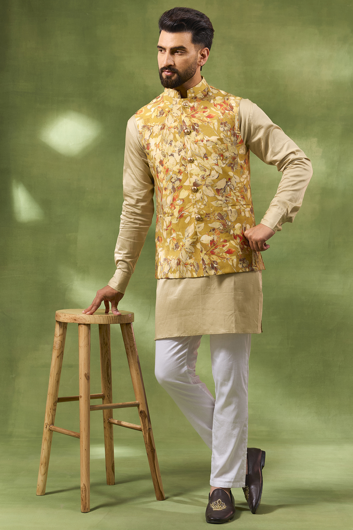Yellow Blended Silk Botanical Printed Bundi jacket Set by Spring Break Men