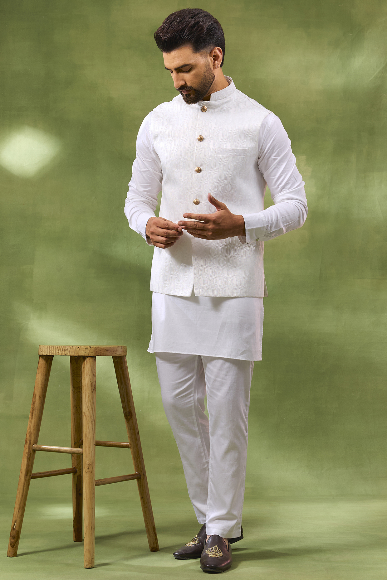 White Cotton Silk Embroidered Bundi Jacket Set by Spring Break Men
